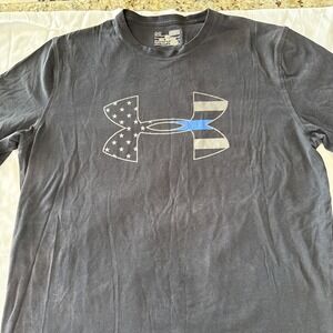 Under Armor graphic t shirt men's M black blue loose fit heat gear H logo 4973